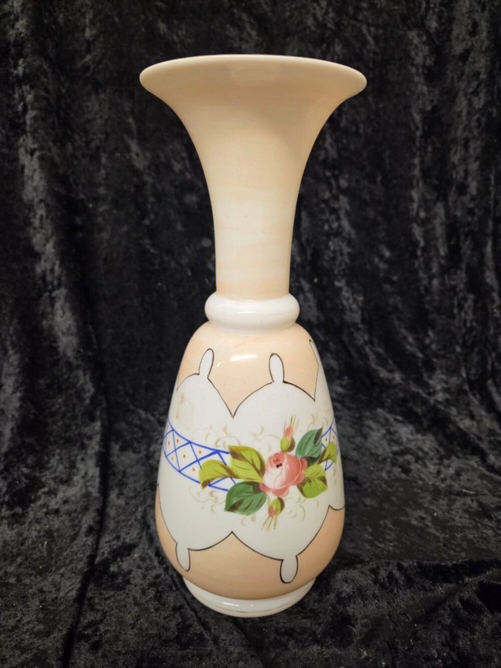 Hand-Painted Glass Hand Blown Vase Floral & Geometric Design Beige White